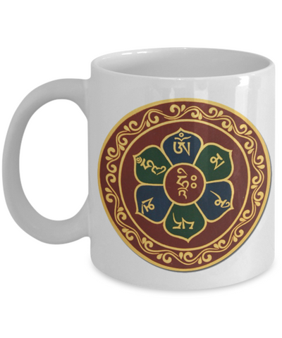 Buddha Mug - Tea Cup with Buddhist Mantra in Sanskrit Om Mani Padme Hum from Guanyin Tibetan Art