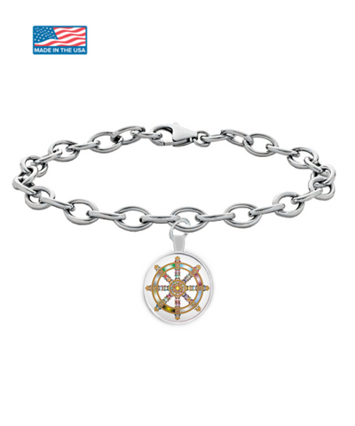 Buddhist Pendant Bracelet - Dharma Wheel Dharmachakra Buddhist Symbol - Sanscrit Teaching Symbol